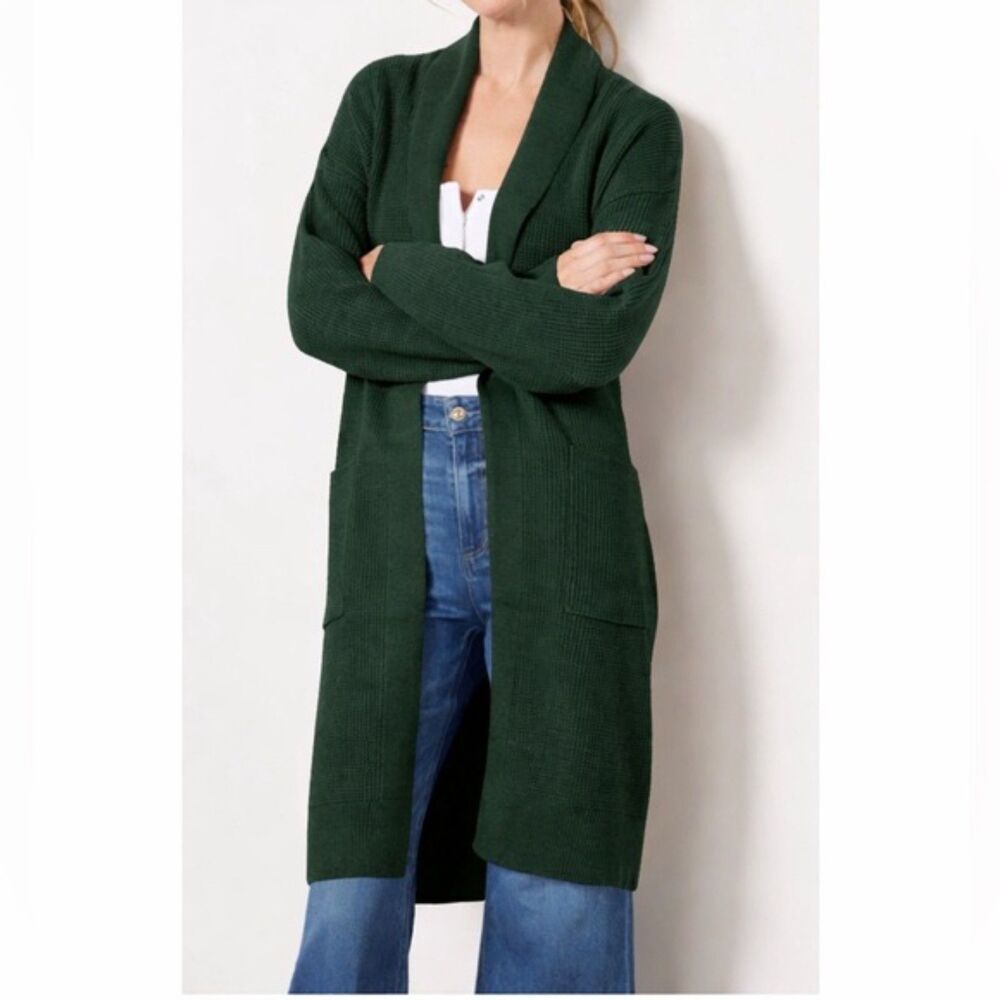 MONROW Soft Knit Waffle Long Tie Waist Cardigan Green Large